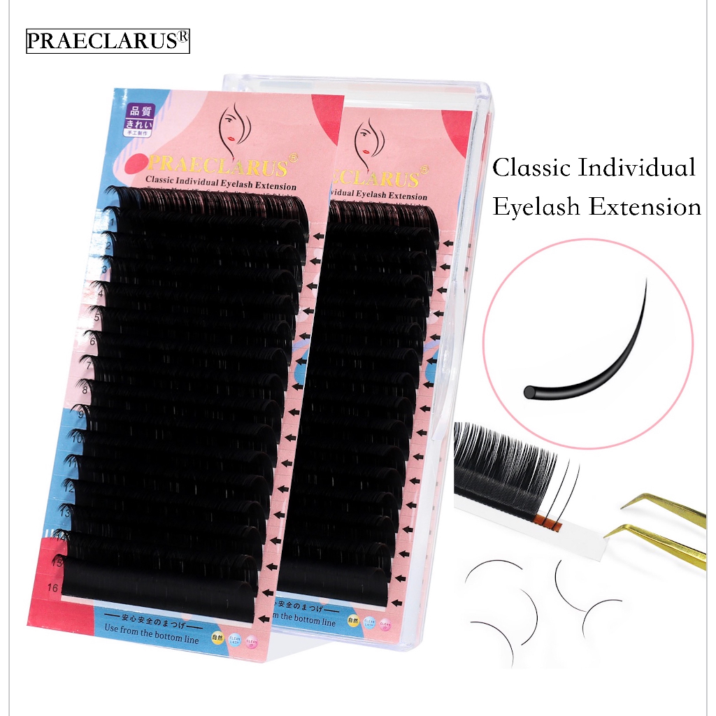 PRAECLARUS ขนตาปลอม ขนมิงค์เทียม กึ่งถาวร 16 แถว สีดําด้าน คุณภาพสูง สไตล์คลาสสิก 16 Rows Classic Individual Eyelashes