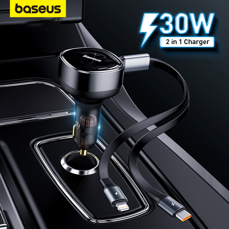 Baseus 2-in-1 Car Charger PD 20W Fast CHARGING Retractable Cable 30W 33W Quick ชาร์จชาร์จโทรศัพท์ประ