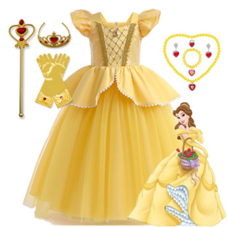 Nnjxd Beauty and The Beast Belle เครื่องแต่งกายเจ้าหญิง สีเหลือง สําหรับเด็กผู้หญิง ของขวัญวันเกิด ปาร์ตี้ฮาโลวีน 3 ถึง 10 ปี