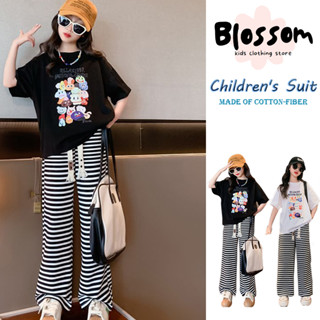 Blossom Kids Childrens Suit ชุดเด็กผู้หญิง ชุดเด็ก เสื้อยืดแขนสั้น ชุดเซ็ตสองชิ้นกางเกงขากว้างลายทาง