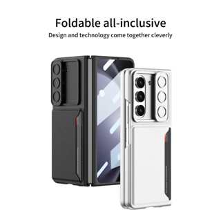 ตัวป้องกันกล้อง แบบสไลด์หน้าต่าง ผลัก ฝาครอบพีซี แบบแข็ง สําหรับ Samsung Galaxy Z Fold 5 เคสช่องใส่การ์ดหนัง พร้อมกระจกกันรอยหน้าจอ