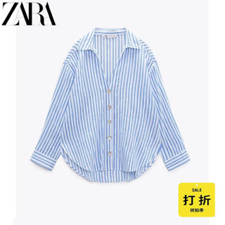 Zara ใหม่ เสื้อโปโลลําลอง คอปก ผ้าฝ้ายแท้ ทรงหลวม ลายทาง สีฟ้า ติดกระดุมแถวเดียว เข้ากับทุกการแต่งกาย สไตล์ยุโรป อเมริกัน แฟชั่นสําหรับสตรี