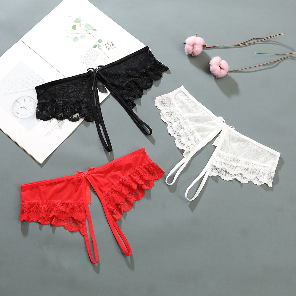 ชุดชั้นในเซ็กซี่กางเกงชั้นในสตรี Crotch เปิดโปร่งใส G-strings Thongs Hollow Out Solids Bowknot ชุดชั้นในสตรีลูกไม้ Pantys
