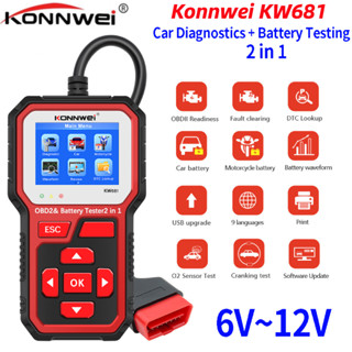 Konnwei KW681 เครื่องสแกนเนอร์ทดสอบแบตเตอรี่ 6V 12V 2 in 1 และ OBD 2 สําหรับรถยนต์ รถจักรยานยนต์ วิเคราะห์อายุแบตเตอรี่ 2000CCA EOBD