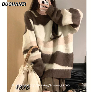 Duohanzi เสื้อกันหนาว แขนยาว ผ้าถัก ทรงหลวม ความยาวปานกลาง สีตัดกัน สําหรับผู้หญิง