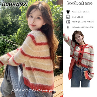 Duohanzi เสื้อกันหนาว แขนยาว ผ้าถัก ทรงหลวม ลายทาง สีตัดกัน สไตล์เกาหลี สําหรับผู้หญิง