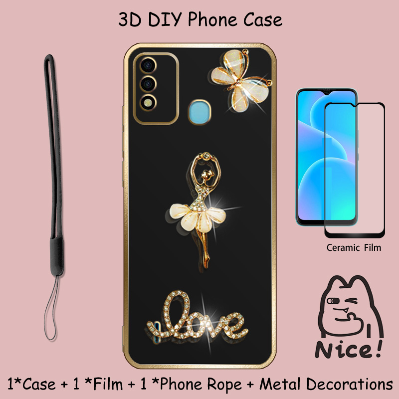 แฟชั่น 3D สําหรับ Itel P37 Vision 2S P651L/P651W พร้อมฟิล์มเซรามิคและเชือกซิลิโคน Glitter เพชรสําหรั