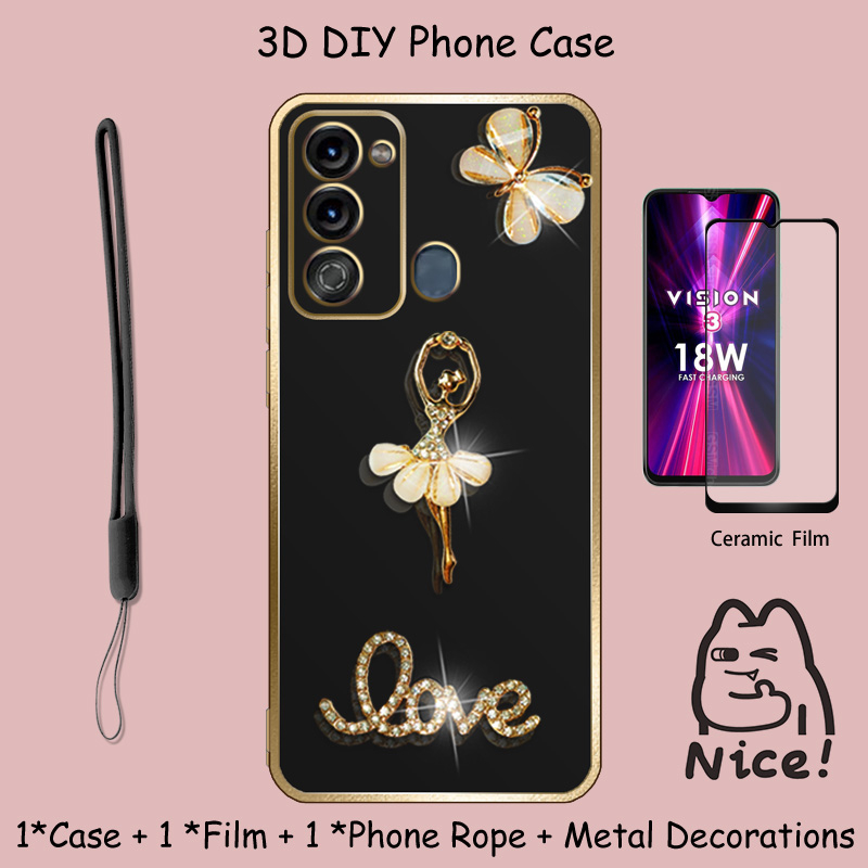 แฟชั่น 3D สําหรับ Itel Vision 3 S661L S17 พร้อมฟิล์มเซรามิคและเชือกซิลิโคน Glitter Diamond สําหรับสา