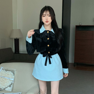 เสื้อแจ็กเก็ตแขนยาว คอปก ผ้ากํามะหยี่ และกระโปรง เอวสูง ทรงเอ สีดํา สไตล์เกาหลี แฟชั่นสําหรับสตรี