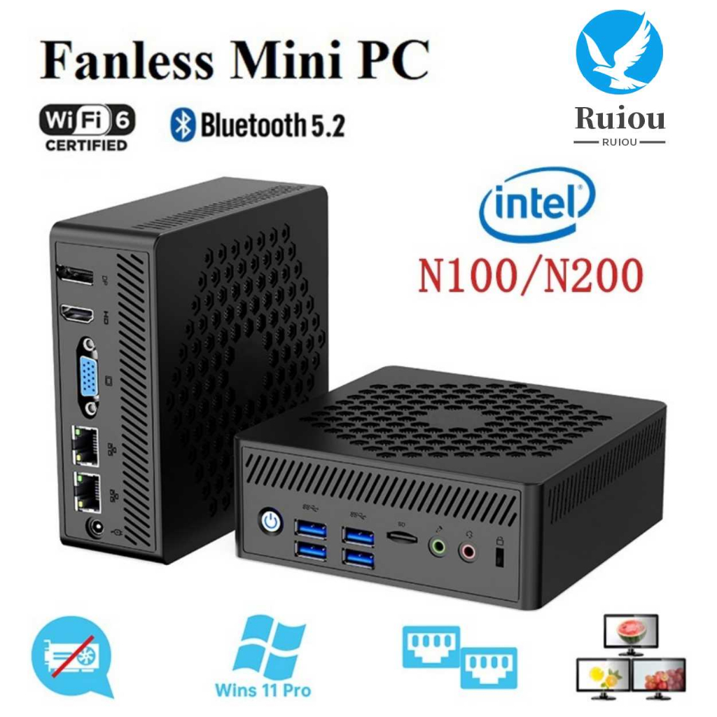 Ac8-n Fanless Mini PC Intel N200 Intel Alder Lake N100 Mini PC คอมพิวเตอร์ Windows 11 Pro DDR4 16GB RAM 256GB NVMe SSD 4K WiFi 6 BT5.2