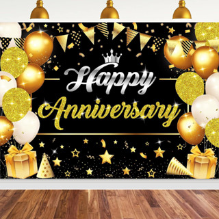 5x3 ฟุต สีดําและสีทอง ครบรอบการถ่ายภาพ ฉากหลัง Happy Anniversary Banner Happy Anniversary Background Happy Anniversary Party Decoration Anniversary Theme Party Backdrop Supplie