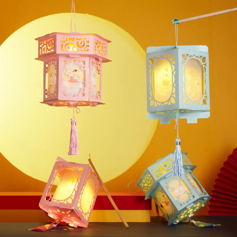 ไฟฟรี+เสา+tasselcny DIY โคมไฟเทศกาลตรุษจีนเด็ก DIY Projection มือถือ Mooncake PVC Palace โคมไฟของเล่นเพื่อการศึกษาของขวัญ