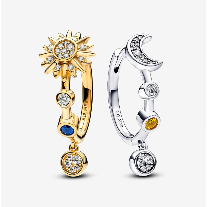 Brilliant Solar System ต่างหูห่วงสองสี / Pandora ต่างหูเงิน 925 คลาสสิกใหม่ดั้งเดิม