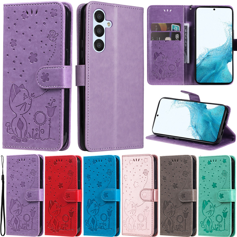 เคสโทรศัพท์หนังนิ่ม ฝาพับ ลายดอกไม้ แมว พร้อมช่องใส่บัตร หรูหรา สําหรับ Samsung Galaxy A54 5G A34 5G A14 5G A33 A53 A73 A13 A23 5G M23 A13 4G A14 4G