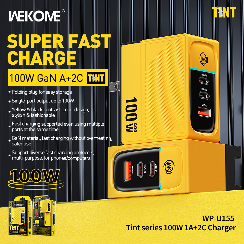Wekome 100W GaN Super Fast charging WP-U155 เอาท์พุตหลายพอร์ต ไม่ร้อน หมุดพับได้ สะดวกสําหรับการชาร์จคอมพิวเตอร์