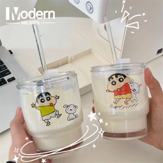 Modern Melodies ลายการ์ตูนชินจังน่ารัก💥 แก้วกาแฟใส่นมแบบพกพา ความจุ 450ml แถมหลอดและฝาปิด