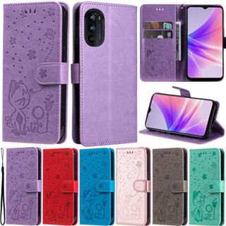 เคสโทรศัพท์หนังนิ่ม ฝาพับ ลายดอกไม้ แมว พร้อมช่องใส่บัตร หรูหรา สําหรับ Motorola Moto E20 E30 E40 G22 G31 G41 G51 G71 5G G60 G30 G20 G10