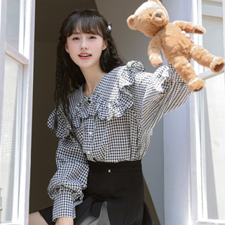 67509 เสื้อเชิ้ตแขนยาว คอปก ลายสก๊อต สีขาว น่ารัก