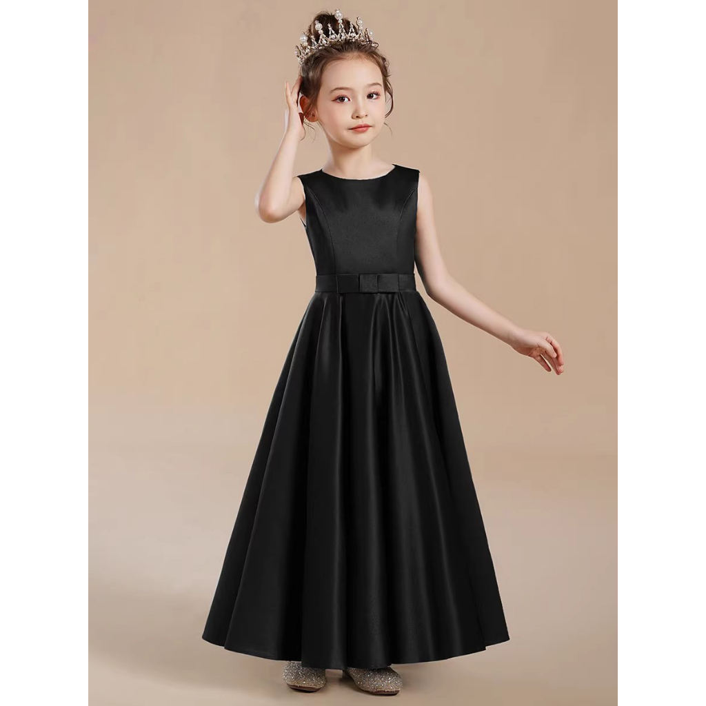 เด็กเปียโนสีดําประสิทธิภาพเครื่องแต่งกายนักเรียน Orchestra Performance Dress High-End ซาตินไวโอลินการแข่งขันชุดยาว