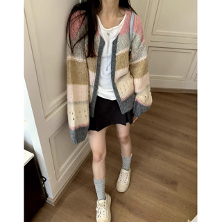 Lazy, loose and slimming dopamine soft glutinous sweater cardigan, autumn and winter colorful striped sweater jacket