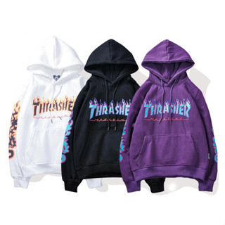 Thrasher เสื้อกันหนาว มีฮู้ด ผ้าฝ้าย พิมพ์ลาย แฟชั่นสําหรับผู้ชาย และผู้หญิง