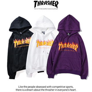 Thrasher เสื้อกันหนาว มีฮู้ด ผ้าฝ้าย พิมพ์ลาย แฟชั่นสําหรับผู้ชาย และผู้หญิง