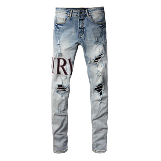 Amiri Street Fashion Men Jeans Vintage Blue Tight Fit Perforated Print Patch High Quality Hip Hop Men Denim Pants