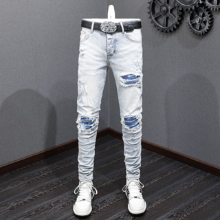 TRENDAMIRI Street Fashion Men Jeans Vintage Light Blue Slim Fit Blue Patch High Quality Button Men Denim Pants