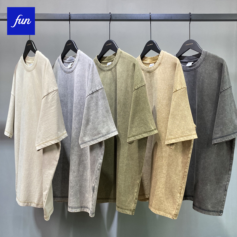 ขนาดเล็ก Neckline ล้างเสื้อยืด 275gsm Retro Distressed ล้างช่างฝีมือ High Street แขนสั้นอินเทรนด์หลวมด้านบนผู้ชายผู้หญิง เสื้อยืด