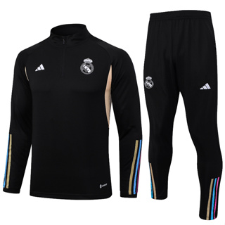 [พร้อมส่ง] ชุดวอร์มฟุตบอล Real Madrid 2023- 24 มีซิปครึ่ง สีดํา คุณภาพสูง สําหรับผู้ชาย 1:1