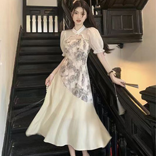 ชุดเดรสแม็กซี่ยาว แขนสั้น คอตั้ง ลายดอกไม้ สไตล์จีน แฟชั่นฤดูร้อน สําหรับผู้หญิง