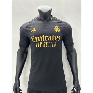 [Player Version] เสื้อเชิ้ตแขนสั้น ลายทีมฟุตบอล Real Madrid 2 2324 ชุดเยือน คุณภาพสูง สีดํา