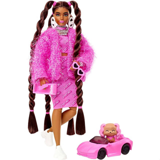 Barbie Extra Doll &amp; Accessories with Long Brunette Styled Hair in Pink 2-Piece Outfit with Sparkly Jacket &amp; Pet Puppy HHN06 ตุ๊กตาบาร์บี้ พร้อมเสื้อแจ็กเก็ต ขนยาว สีชมพู สําหรับสัตว์เลี้ยง ลูกสุนัข 2 ชิ้น HHN06