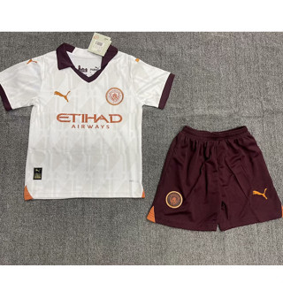 เสื้อกีฬาแขนสั้น ลายทีมชาติฟุตบอล Manchester City ชุดเยือน สีขาว 23/24 ชุดเยือน สําหรับเด็ก