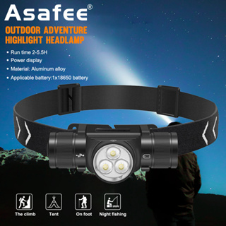 Asafee ไฟหน้า LED 18650 แบตเตอรี่ TYPE-C ชาร์จ สําหรับตั้งแคมป์ ตกปลา ปีนเขา กลางแจ้ง