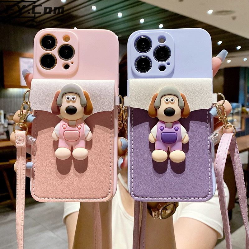 เคสโทรศัพท์มือถือหนัง กันกระแทก ลายสุนัขหัวเฉียง พร้อมสายคล้อง สําหรับ iPhone 14 14 Pro 13 Pro Max 12 11 Pro X XR XS Max 7+8+