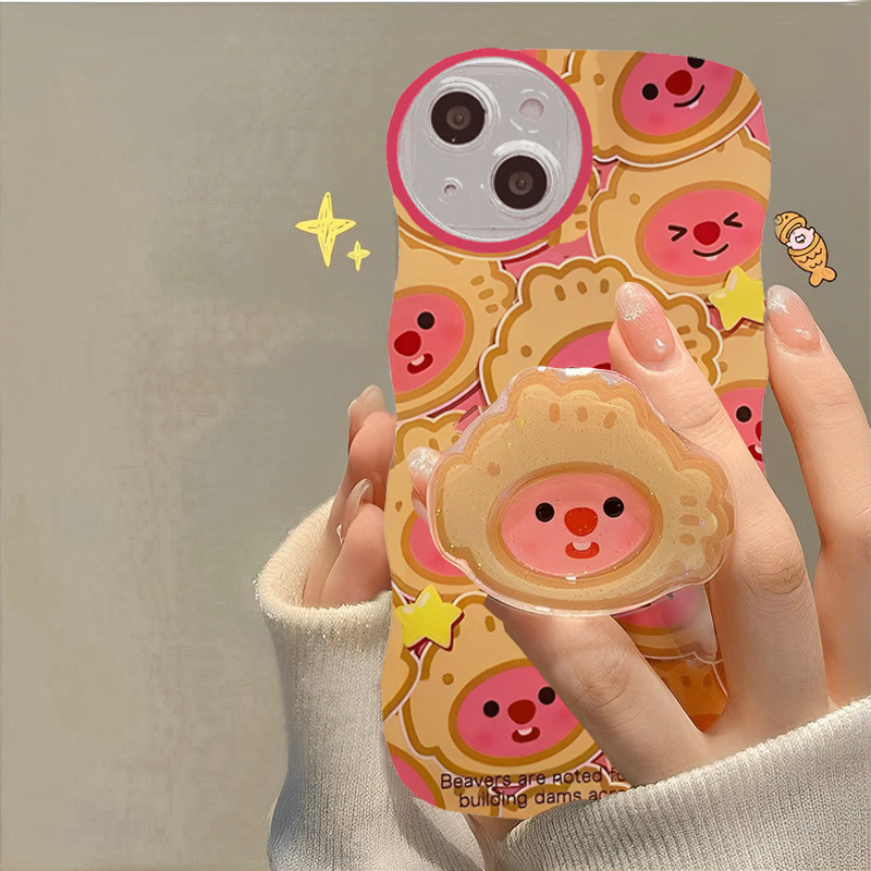 Cute เคส Samsung S20 S21 S22 S23 FE PLUS ULTRA X Cartoon Taiyaki beaver Loopy Fine Hole Wave Edge Airbag Anti-fall Soft Phone Case + Stand BW 92