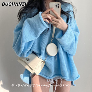 Duohanzi เสื้อกันหนาว แขนยาว คอวี ผ่าข้าง ทรงหลวม สไตล์เรโทร สําหรับผู้หญิง