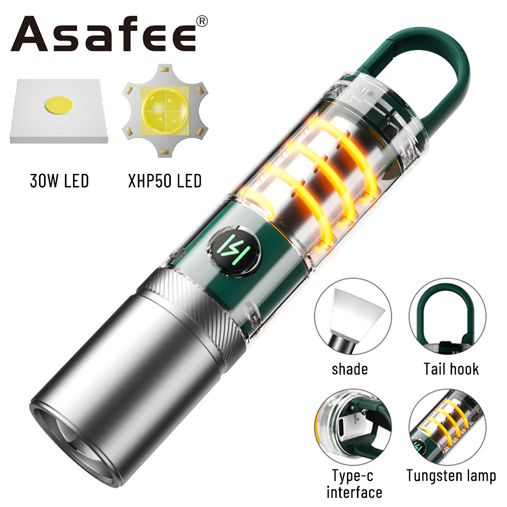 Asafee CB-936 ไฟฉาย 800LM โคมไฟตั้งแคมป์ 30W P50 ไฟ LED สว่างมาก ซูมได้ กล้องส่องทางไกล Type-C ชาร์จไฟ โคมไฟ ที่ถอดออกได้ ไฟฉาย