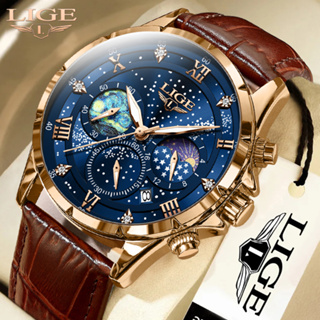 LIGE นาฬิกา Original Men ควอตซ์ Starry Sky หนังธุรกิจกีฬากันน้ำนาฬิกาข้อมือ Chronograph Auto วันที่นาฬิกา