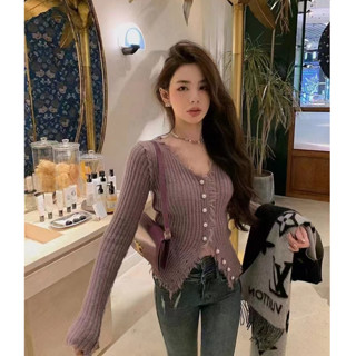 Suxi ใหม่ เสื้อกันหนาว คาร์ดิแกน คอวี ผ้าถัก สีพื้น ทรงสลิมฟิต สไตล์เกาหลี