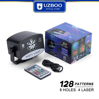 Uzboo โคมไฟโปรเจคเตอร์เลเซอร์ RGB 128 รูปแบบ ปลั๊ก USB สําหรับวันเกิด งานแต่งงาน บาร์ KTV คอนเสิร์ต