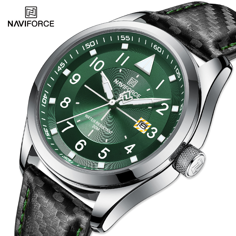 Naviforce นาฬิกาข้อมืออะนาล็อก สายหนัง หน้าปัดตัวเลขอาหรับ สีเขียว สําหรับผู้ชาย 8022