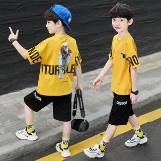 [เตรียมส่ง] ชุดเสื้อผ้าแฟชั่น สองชิ้น ใส่สบาย สองชิ้น สําหรับเด็กผู้ชาย อายุ 4-12 ปี