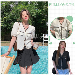 Fulllove เสื้อถักไหมพรม แขนสั้น คอวี แต่งกระดุมหน้า สไตล์เกาหลี ทรงครอปนิดๆ งานเรียบหรู ลุคคุณหนู