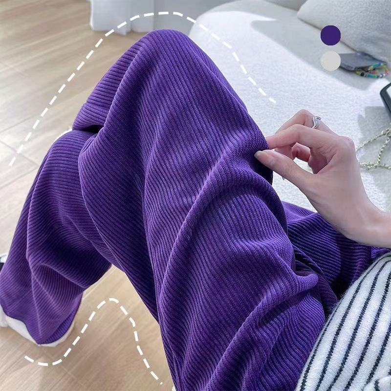 ส่งไวจากไทย พร้อมส่ง S-4XL ฤดูใบไม้ร่วงใหม่กางเกงสตรีผ้าลูกฟูกเอวสูงนักเรียนสบายๆทุกการแข่งขันบางขนาดบวกตรงกางเกงขากว้างหลวม