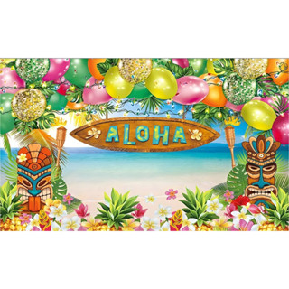 9x6 ฟุต ฉากหลัง ลาย Aloha Luau สําหรับธีมชายหาดเขตร้อน ฮาวาย อุปกรณ์งานเลี้ยงวันเกิด แบนเนอร์ ตกแต่งพื้นหลังการถ่ายภาพ สตูดิโอ ฝ่ามือทะเล เด็กอาบน้ํา สตูดิโอถ่ายภาพ บูธ เสา