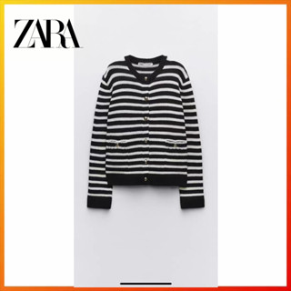 Zara เสื้อคาร์ดิแกน คอกลม ผ้าถัก ลายทาง แฟชั่นฤดูใบไม้ร่วง สําหรับผู้หญิง 3991124