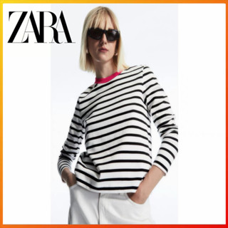 Zara เสื้อยืดคอกลม แขนยาว ทรงสลิมฟิต สีดํา/สีขาว สําหรับผู้หญิง 1024907047