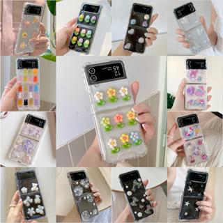 เคสมือถือ แบบใส ลายการ์ตูนหมีน้อย ดอกไม้ 3D พับได้ กันกระแทก สําหรับ Samsung Galaxy Z Flip 3 ZFlip 4 Z Flip4